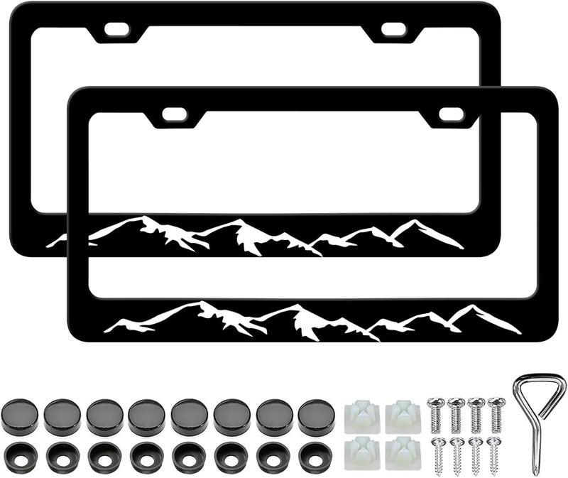 LIN KANG 2PCS Mountains License Plate Frames Mountains Raised License Plate Holder Stainless Steel Auto Parts Rust-Proof Waterproof Car Decorative Tag Frames for Standard US 12x6 Inch - Image 1